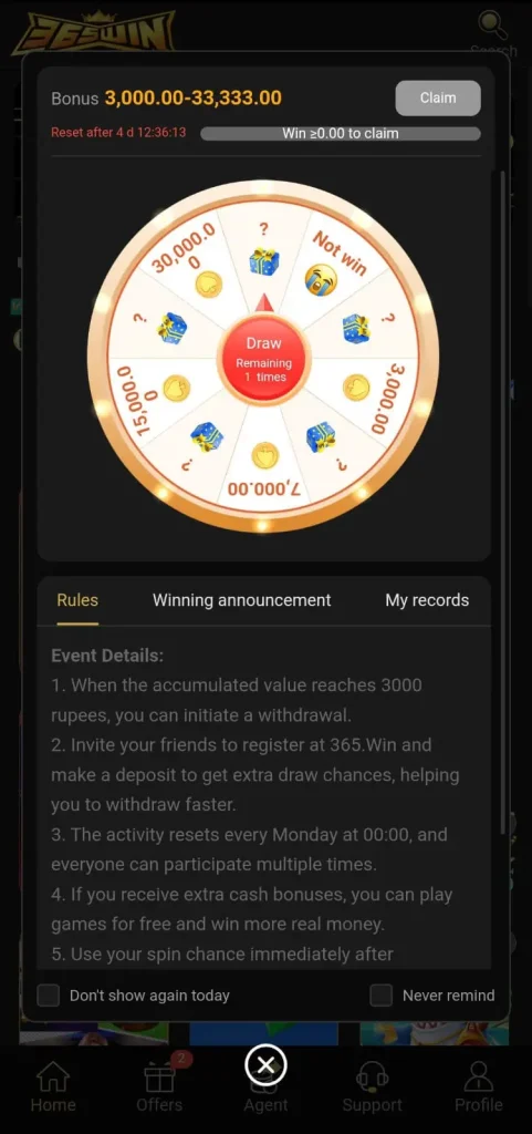 365 Win Game Wheel Bonus